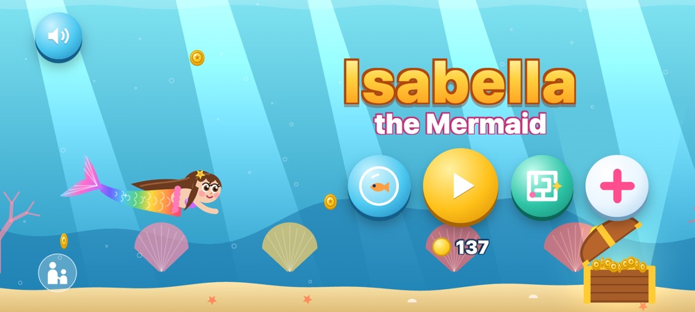 The Isabella Ocean title screen: Isabella the mermaid, a big Play button, two game buttons and a plus button for more games